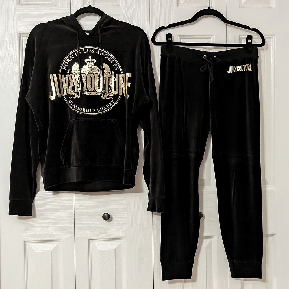 Juicy Couture Black Velour Tracksuit Set & Hoodie Joggers Small